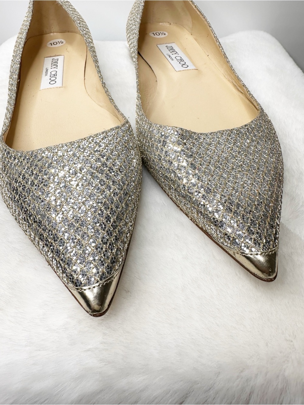 Jimmy Choo Silver Glitter Pointed-Toe Romy Flats Size 10.5 - Picture 2 of 7